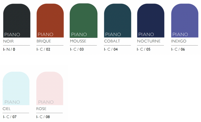 Les nuanciers étiquetés : Noir, Brique, Mousse, Cobalt, Nocturne, Indigo, Ciel, Rose avec leurs codes respectifs apportent une touche vibrante à votre palette de design. Idéal pour créer de superbes Panneaux acoustiques ou d'élégantes installations Suspendus.