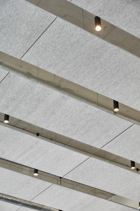 Un plafond orné de panneaux acoustiques gris parallèles et de spots encastrés crée une ambiance acoustique parfaite, rappelant un gymnase moderne.
