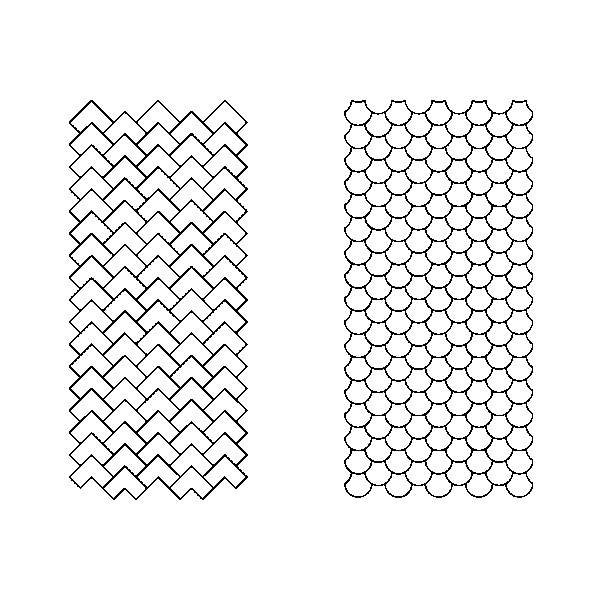 Deux motifs géométriques en noir et blanc : des chevrons en zigzag à gauche et des coquilles Saint-Jacques qui se chevauchent à droite.