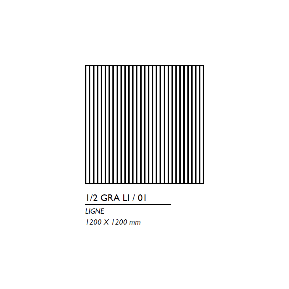 Un carré noir rempli de lignes noires verticales régulièrement espacées, portant l'inscription "1/2 GRA LI/01 LIGNE 1200 x 1200 mm" en dessous.