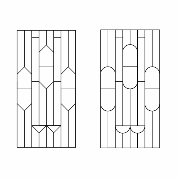 Deux motifs géométriques symétriques côte à côte, chacun avec des formes et des sections abstraites distinctes.