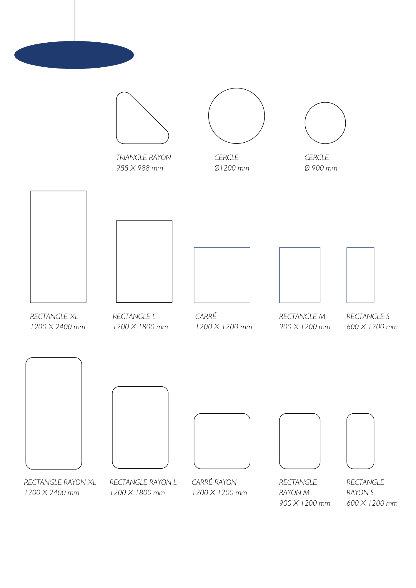 Formes soulignées avec leur nom et leurs dimensions, y compris des cercles, des rectangles et des carrés sur un fond clair.
