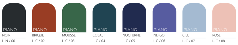 Sept échantillons de couleur portant la mention « Piano » : noir, brique, mousse, cobalt, nocturne, indigo, ciel et rose.