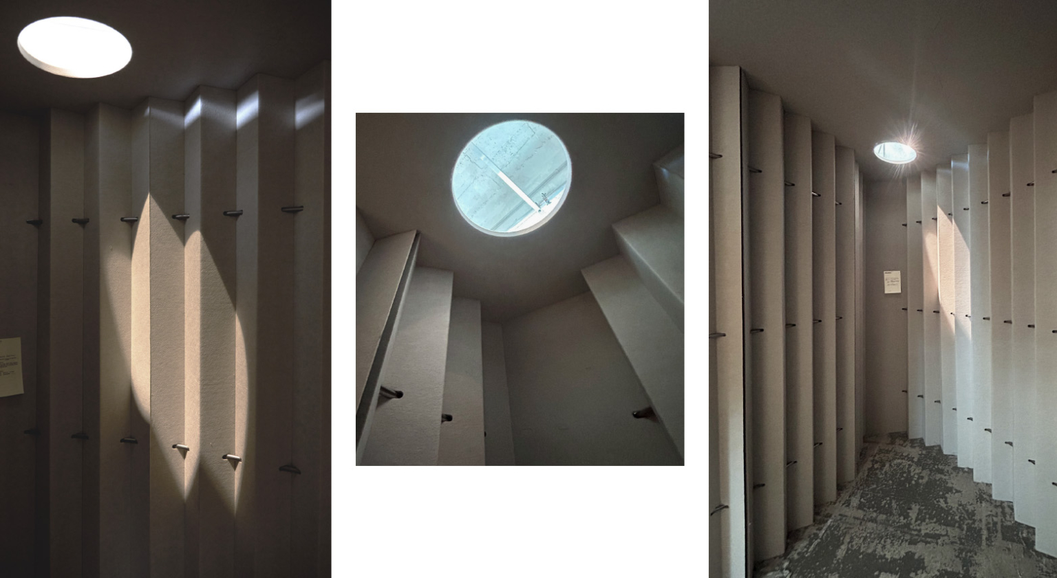 Trois vues d'une verrière circulaire projetant lumière et ombres sur les murs intérieurs gris et nervurés évoquent l'ambiance raffinée d'un gymnase acoustique.