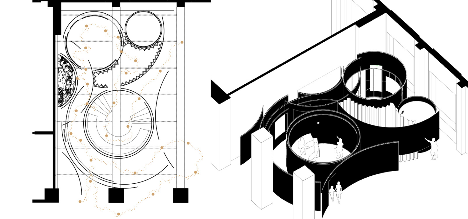 Plan architectural en noir et blanc et dessin axonométrique d'un agencement intérieur circulaire, semblable à un labyrinthe, conçu pour optimiser les performances acoustiques du gymnase.