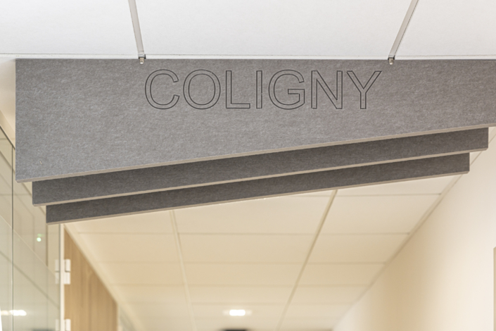 I pannelli acustici grigi del soffitto, sui quali è incisa la parola "COLIMNY" sopra un corridoio, conferiscono un'atmosfera pulita e moderna a questo edificio ispirato a una palestra.
